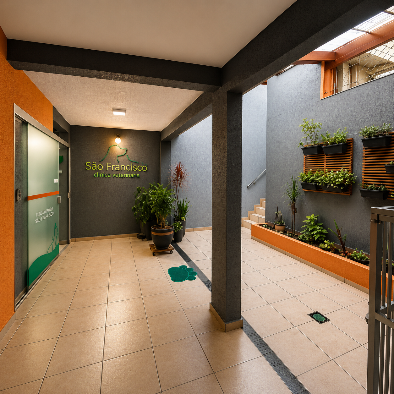 Recepção da Clínica Veterinária São Francisco em Guarulhos com jardim e identidade visual